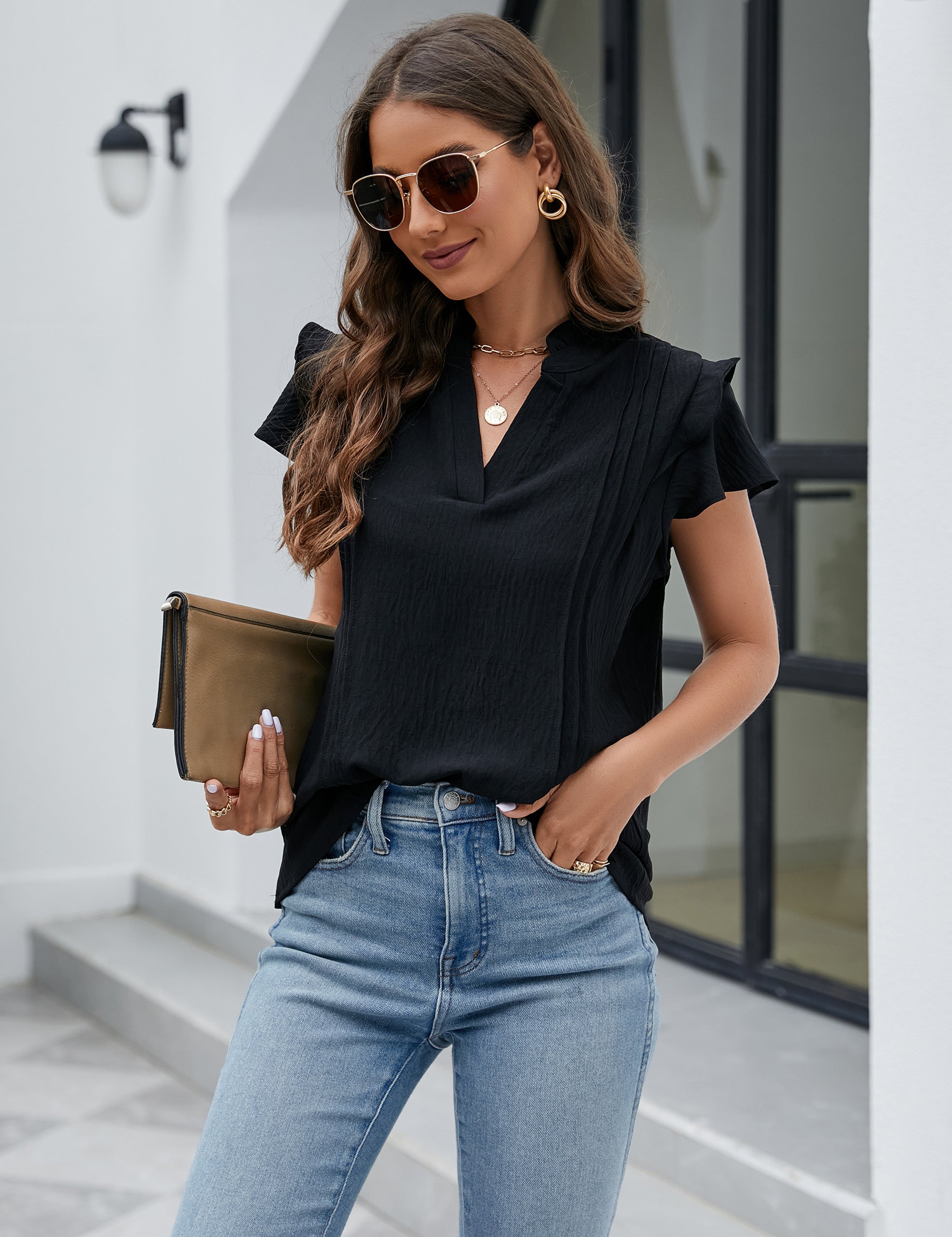 Dressy Casual Tops Ruffle Short Sleeve V Neck Shirts Elegant Business Work Blouse