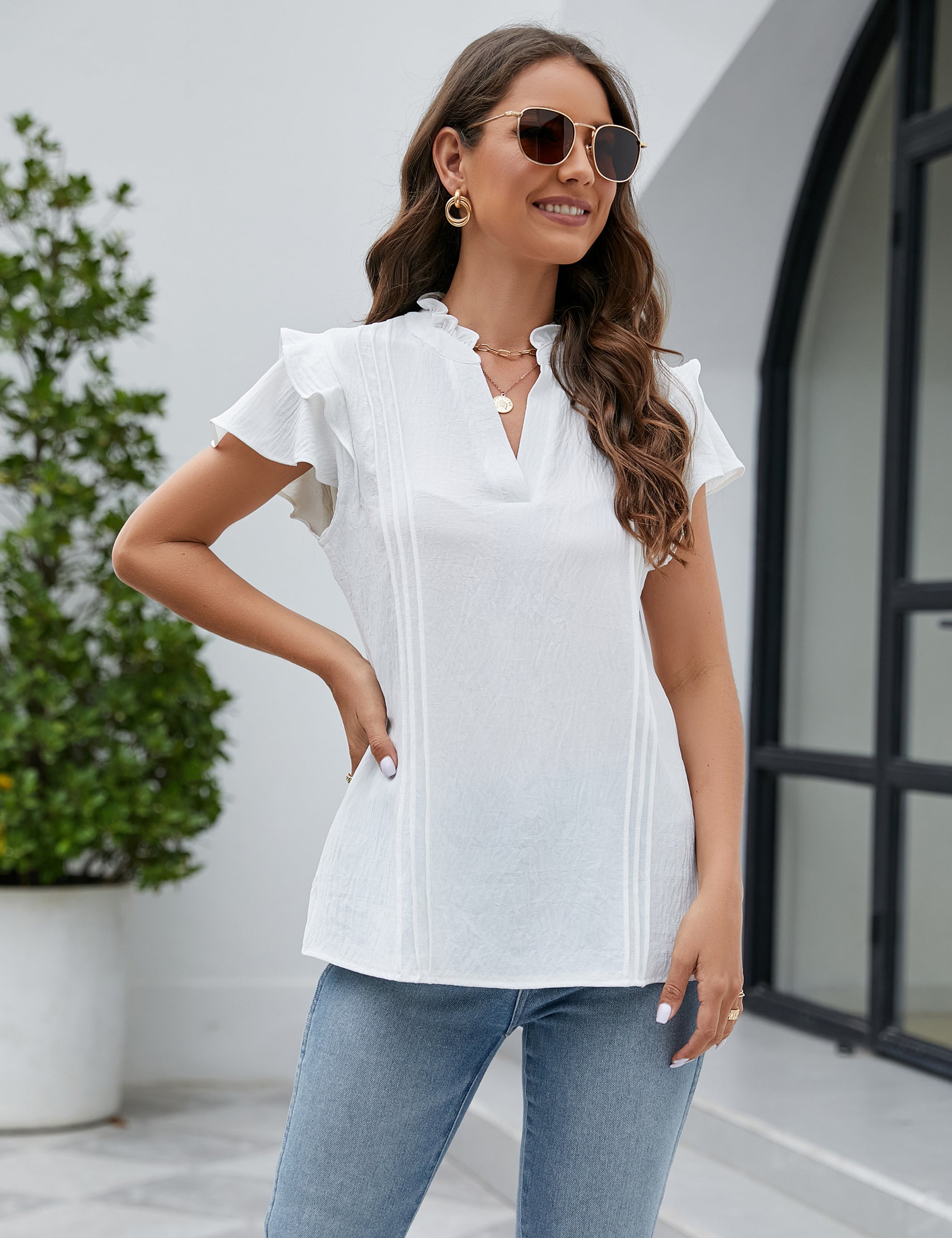 Dressy Casual Tops Ruffle Short Sleeve V Neck Shirts Elegant Business Work Blouse