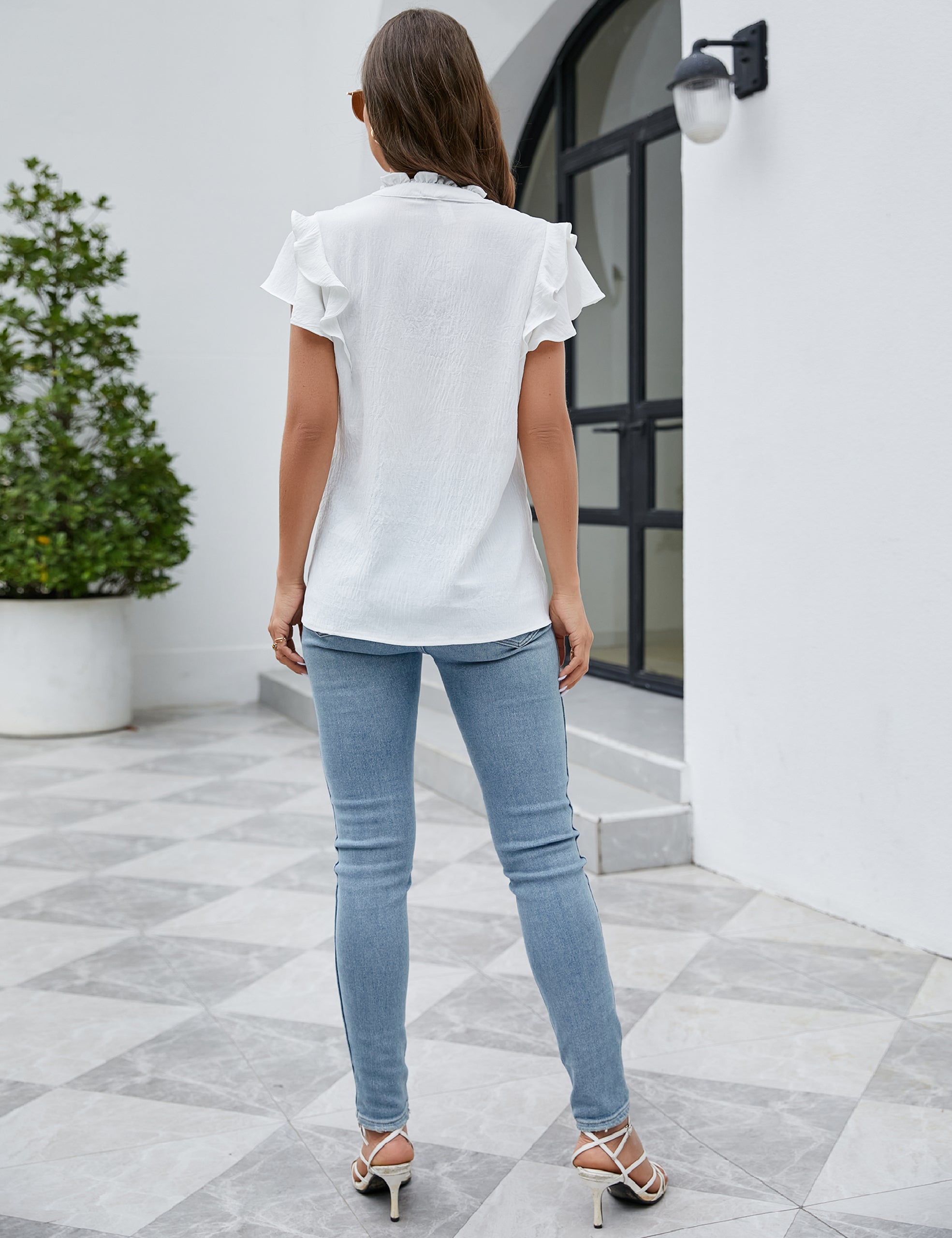 Dressy Casual Tops Ruffle Short Sleeve V Neck Shirts Elegant Business Work Blouse