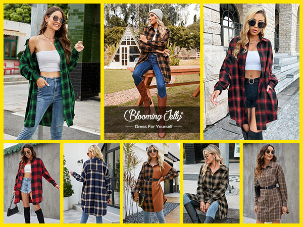 Flannel Shirts Plaid Coats Long Sleeve Collared Shacket