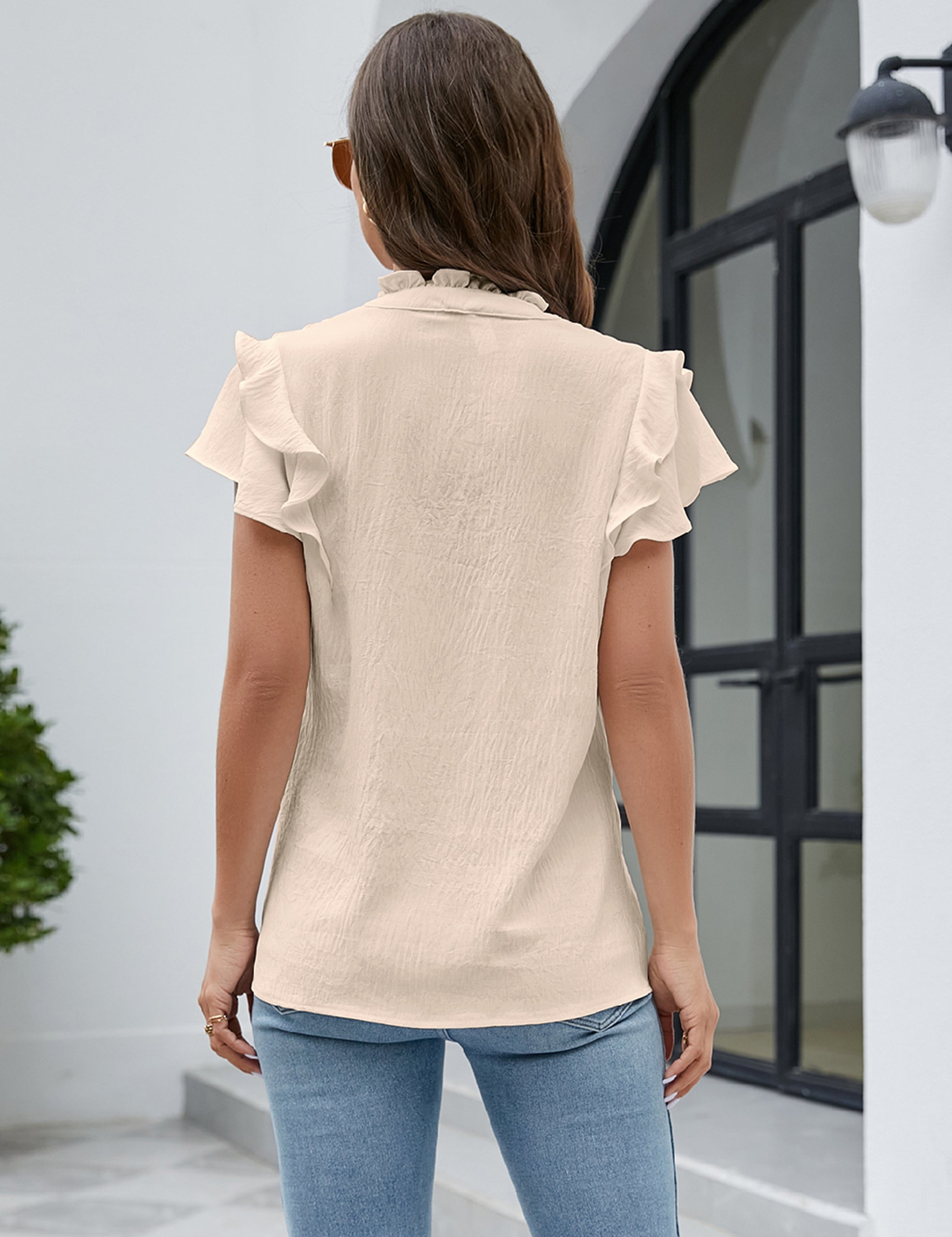 Dressy Casual Tops Ruffle Short Sleeve V Neck Shirts Elegant Business Work Blouse