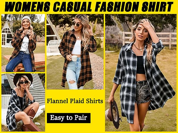 Flannel Shirts Plaid Coats Long Sleeve Collared Shacket
