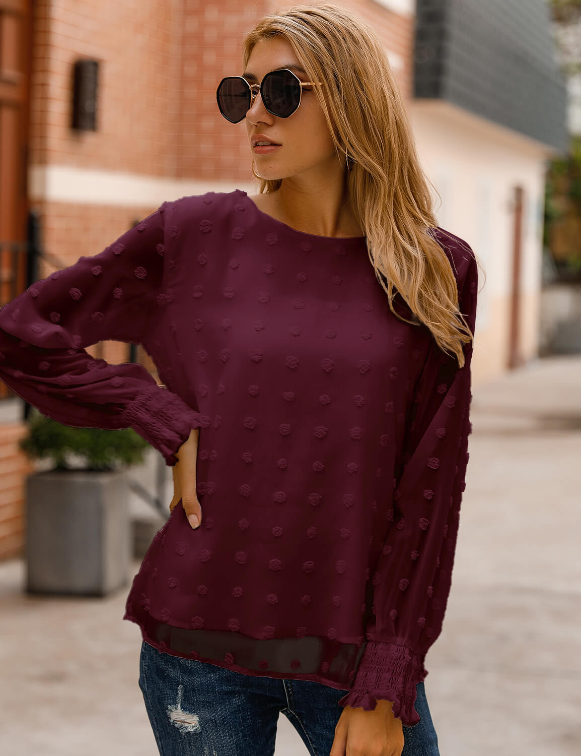 Chic Puff Sleeves Dotted Layered Blouse