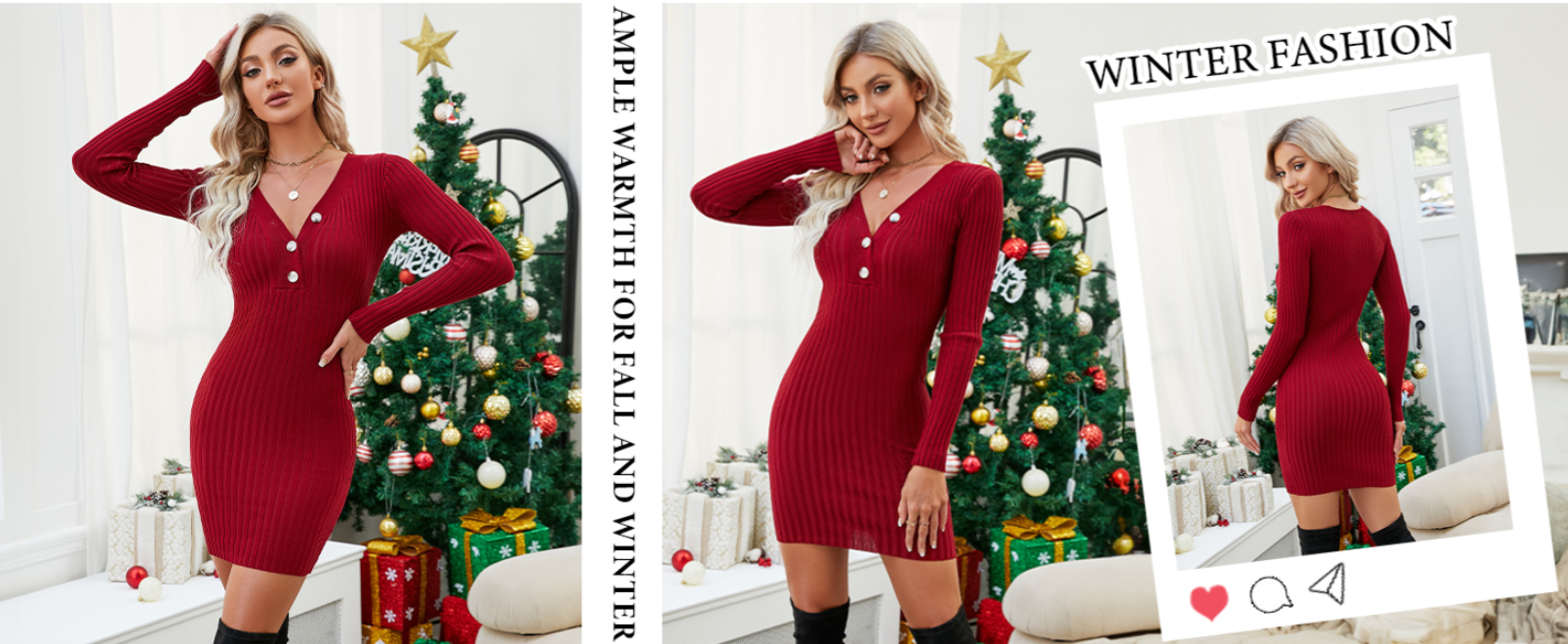 Long Sleeve Sweater Dress Sexy V Neck Bodycon Mini Fall Dresses
