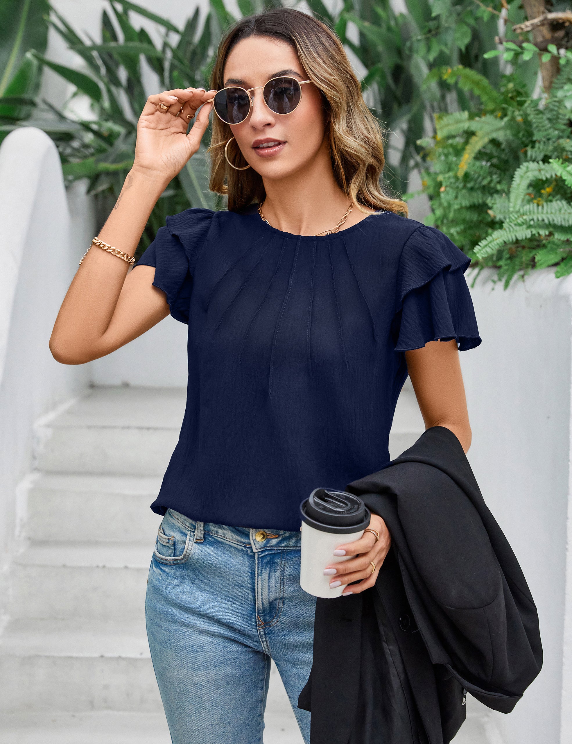 Dressy Casual Tops Business Work Blouses Summer Shirts Short Sleeve Crew Neck