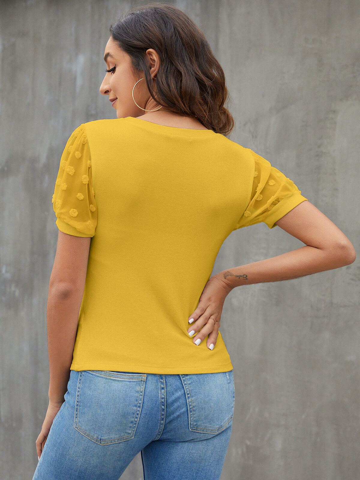 Sheer Sleeve Dotted Swiss Slim Fit Blouse