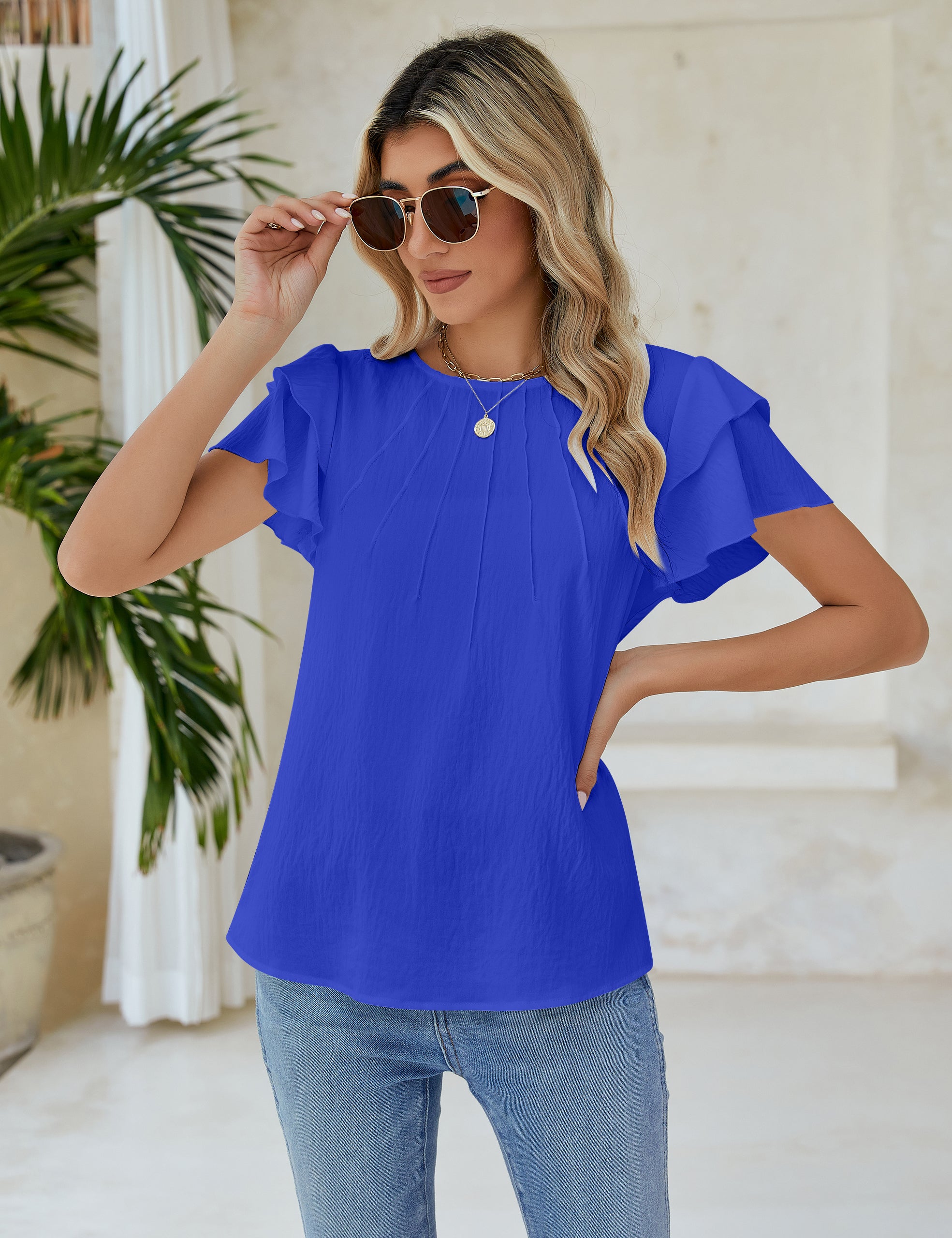 Dressy Casual Tops Business Work Blouses Summer Shirts Short Sleeve Crew Neck