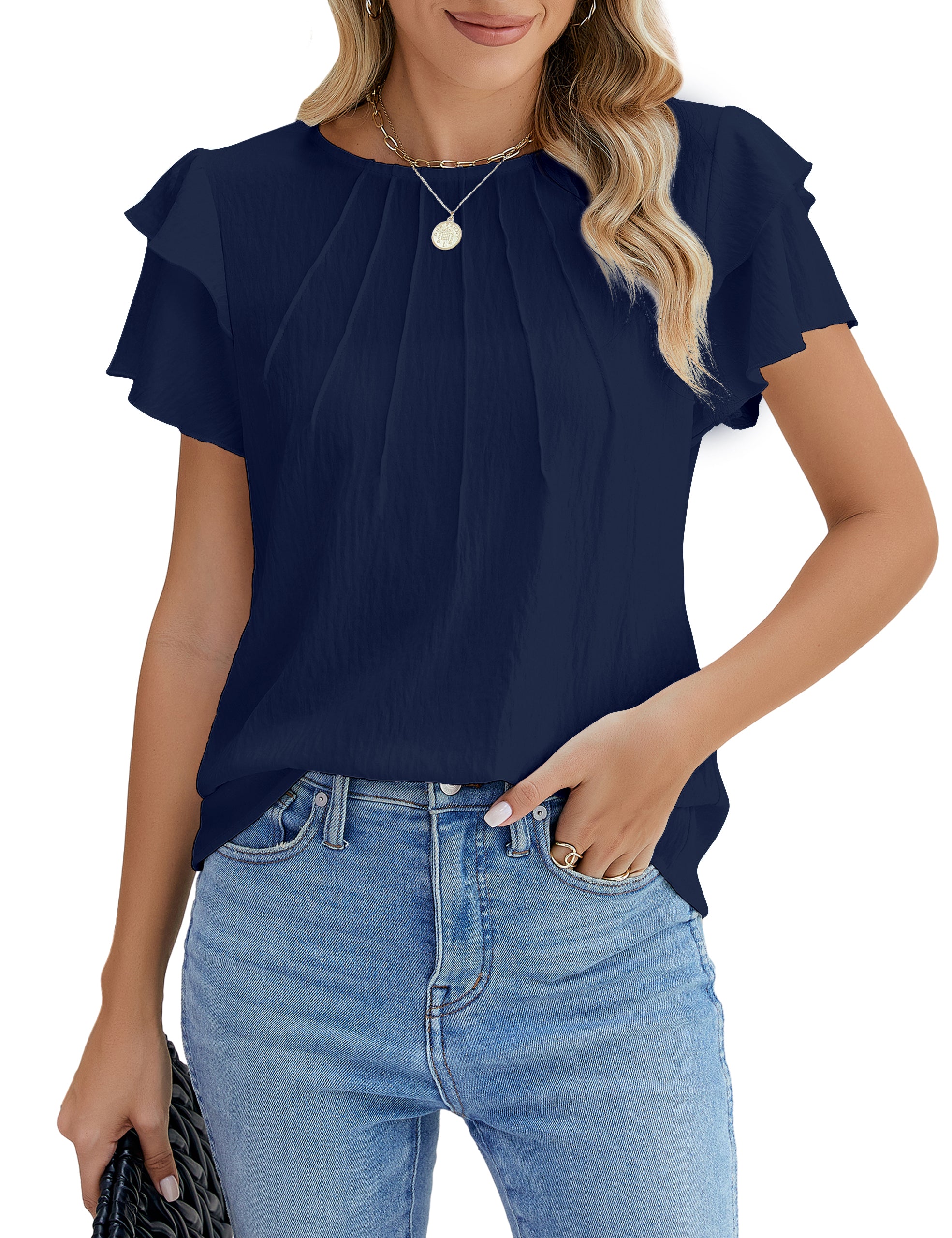 Dressy Casual Tops Business Work Blouses Summer Shirts Short Sleeve Crew Neck