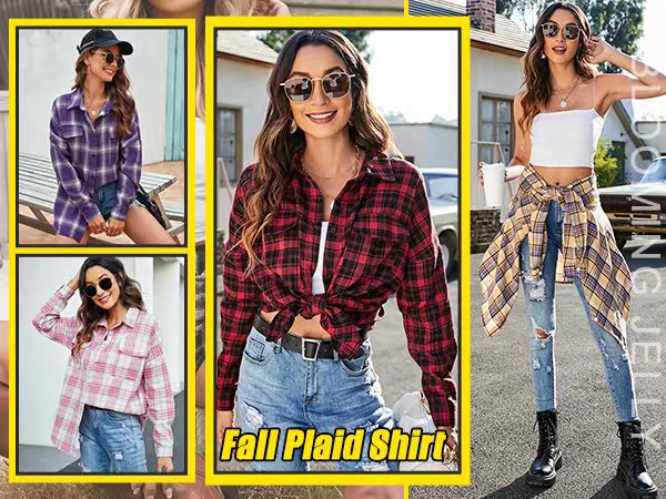 Flannel Shirts Plaid Shacket Long Sleeve Collared