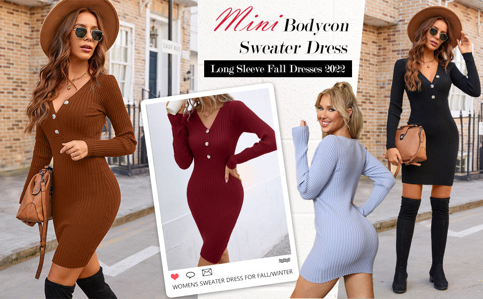 Long Sleeve Sweater Dress Sexy V Neck Bodycon Mini Fall Dresses