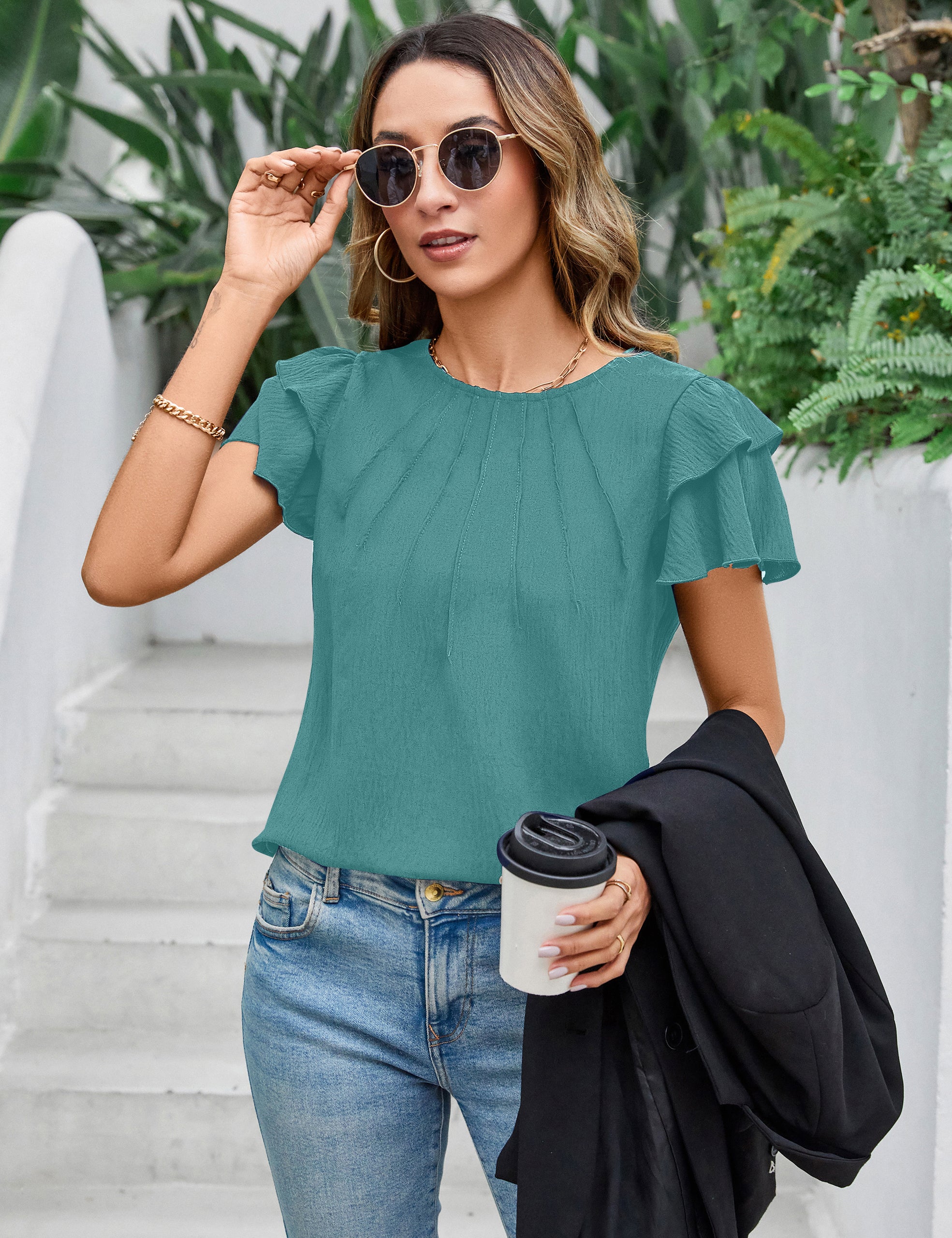 Dressy Casual Tops Business Work Blouses Summer Shirts Short Sleeve Crew Neck