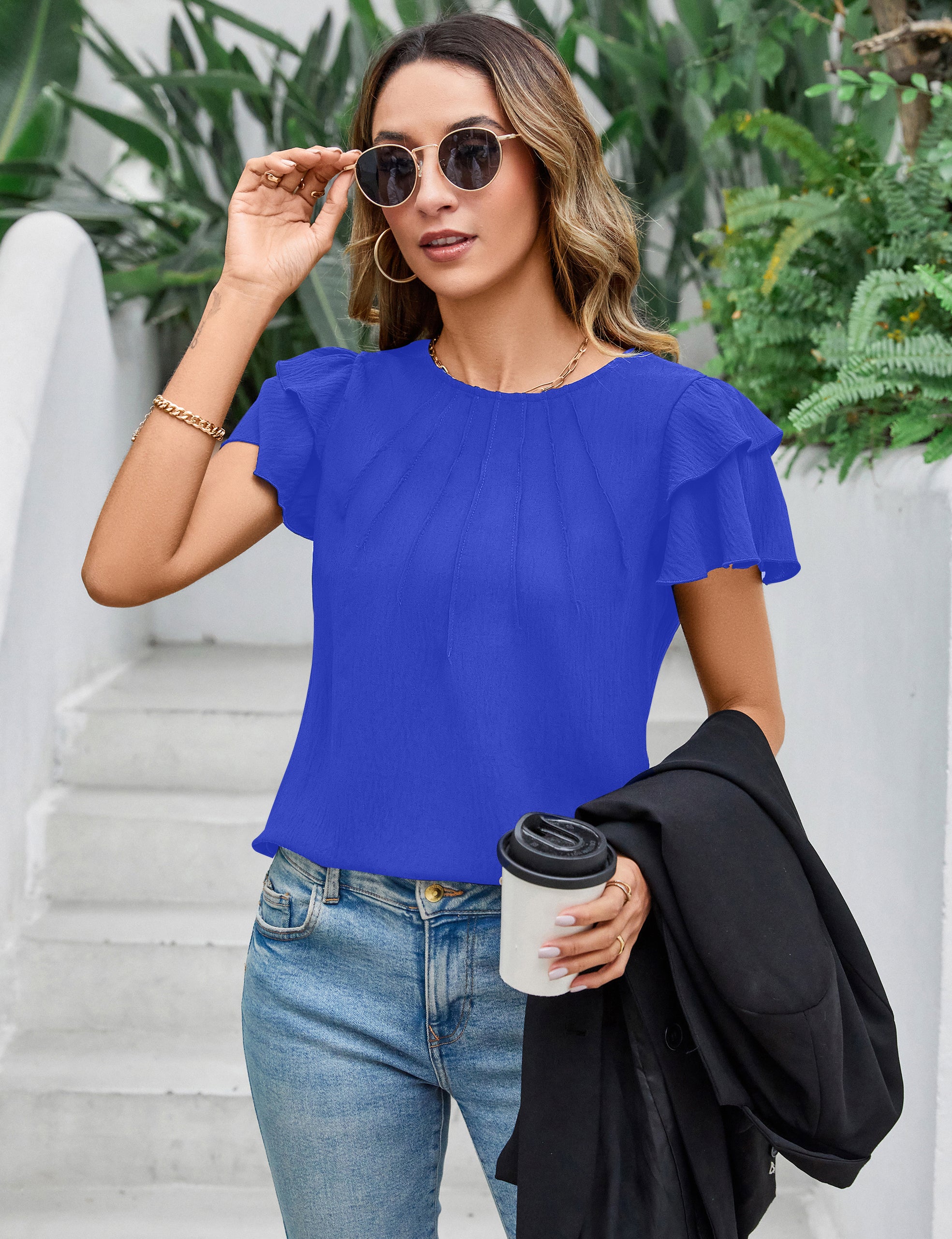 Dressy Casual Tops Business Work Blouses Summer Shirts Short Sleeve Crew Neck