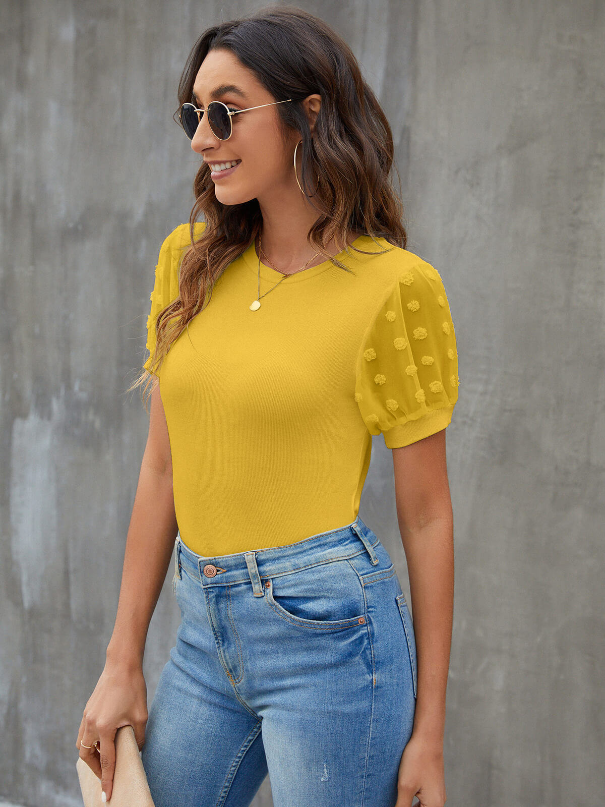 Sheer Sleeve Dotted Swiss Slim Fit Blouse