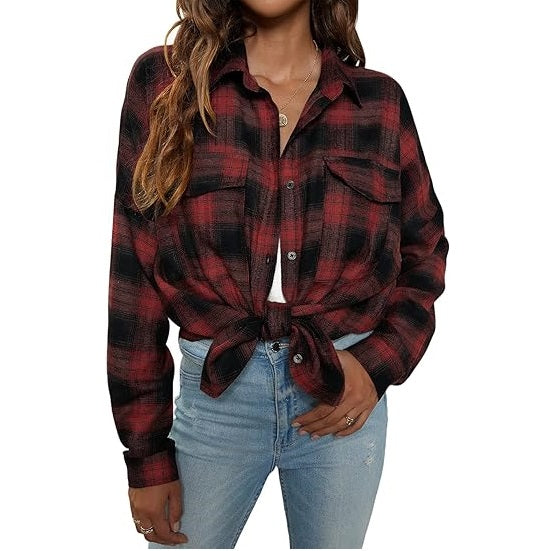 Flannel Shirts Plaid Shacket Long Sleeve Collared