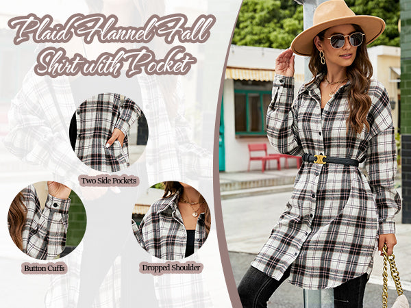 Flannel Shirts Plaid Coats Long Sleeve Collared Shacket