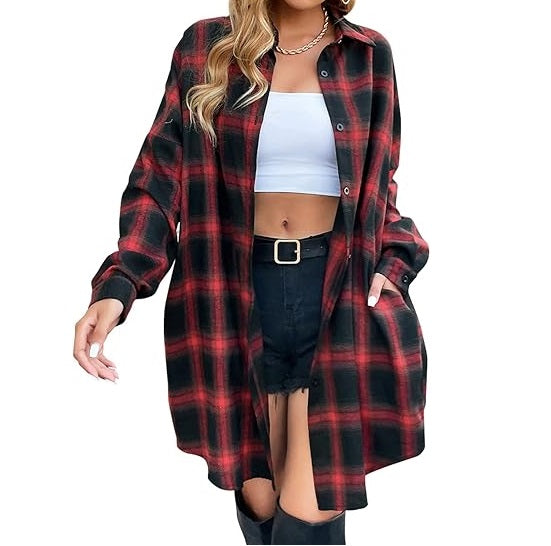 Flannel Shirts Plaid Coats Long Sleeve Collared Shacket
