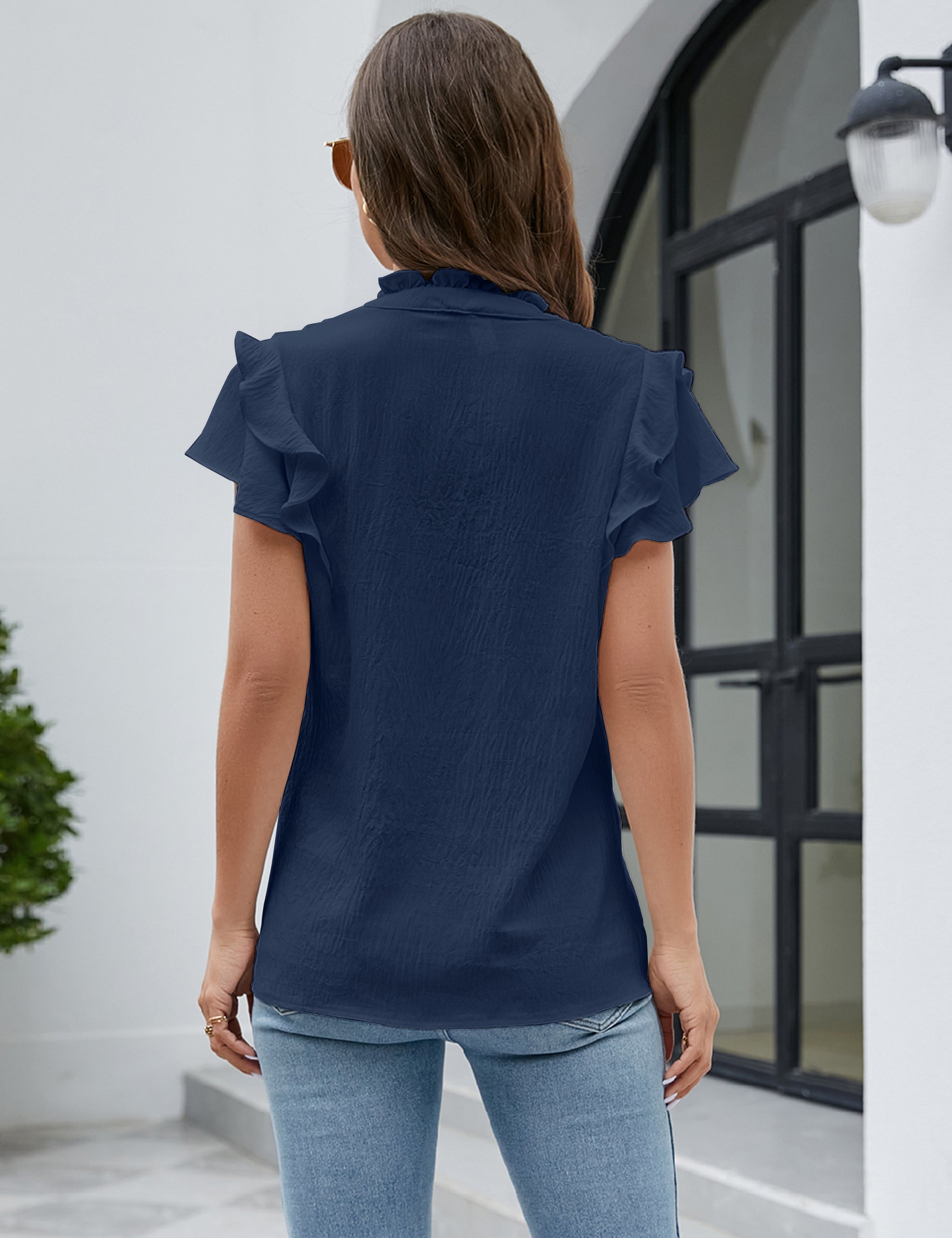 Dressy Casual Tops Ruffle Short Sleeve V Neck Shirts Elegant Business Work Blouse