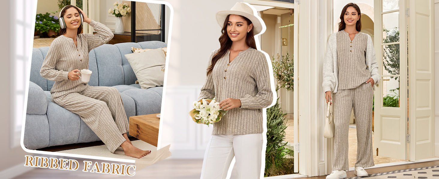 Pajama Sets Ribbed Lounge Set Fall Loungewear Outfit