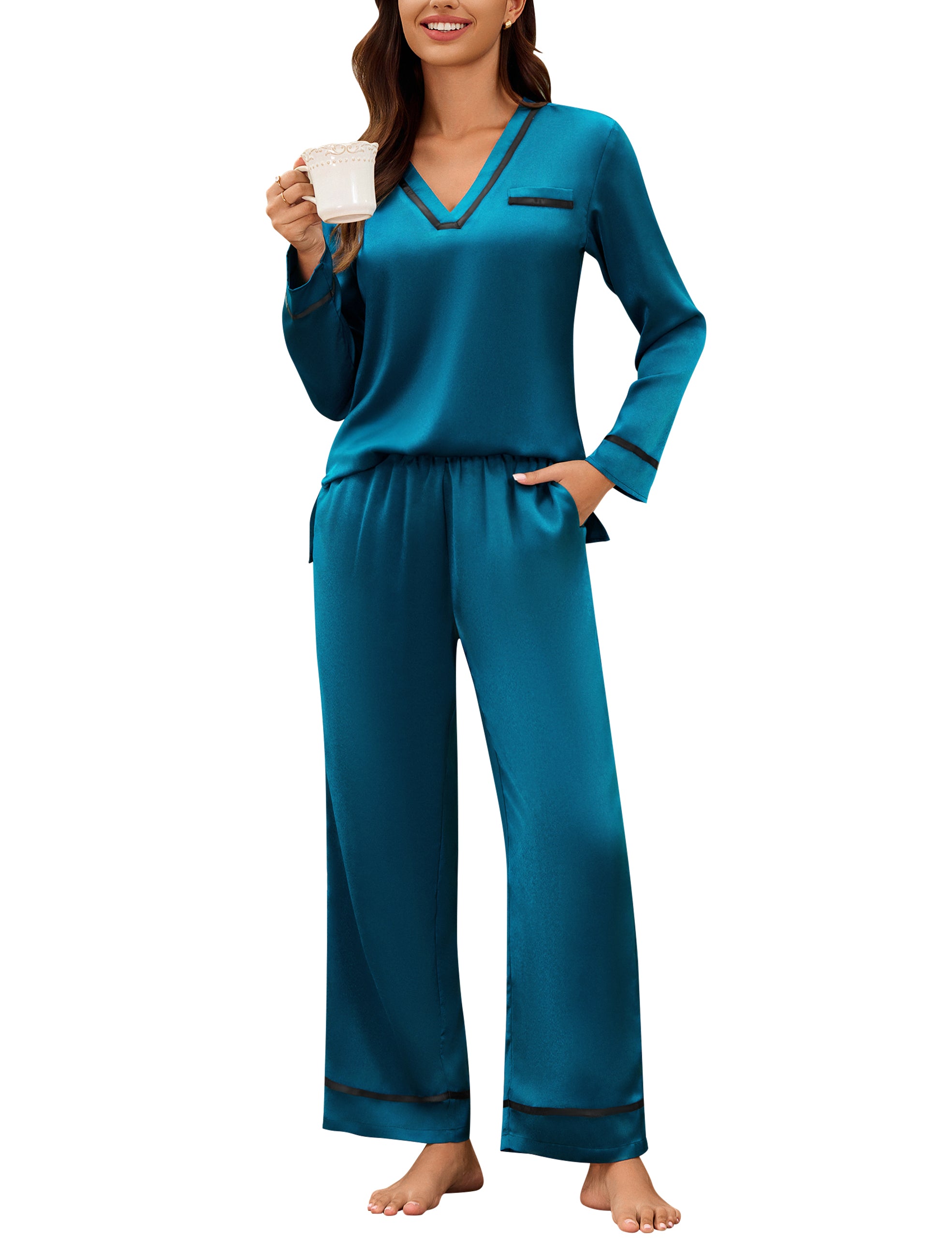 Pajama Sets Satin Cute Silk Fall Sleepwear with Pockets