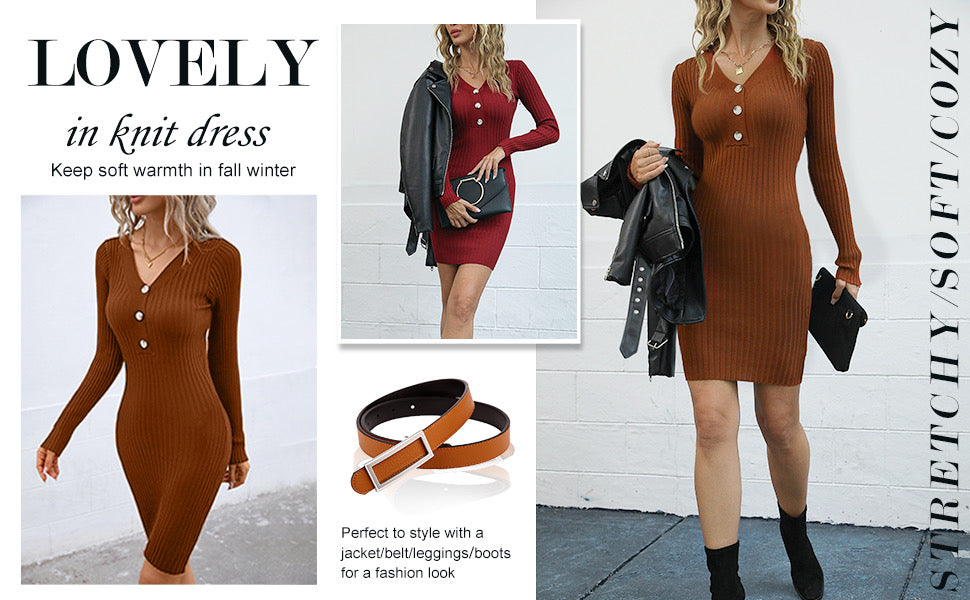 Long Sleeve Sweater Dress Sexy V Neck Bodycon Mini Fall Dresses