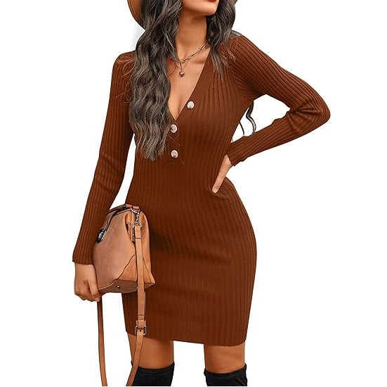Long Sleeve Sweater Dress Sexy V Neck Bodycon Mini Fall Dresses