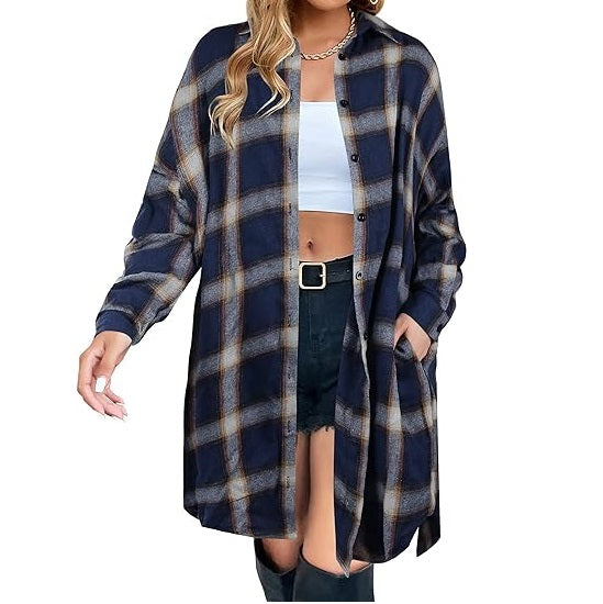 Flannel Shirts Plaid Coats Long Sleeve Collared Shacket