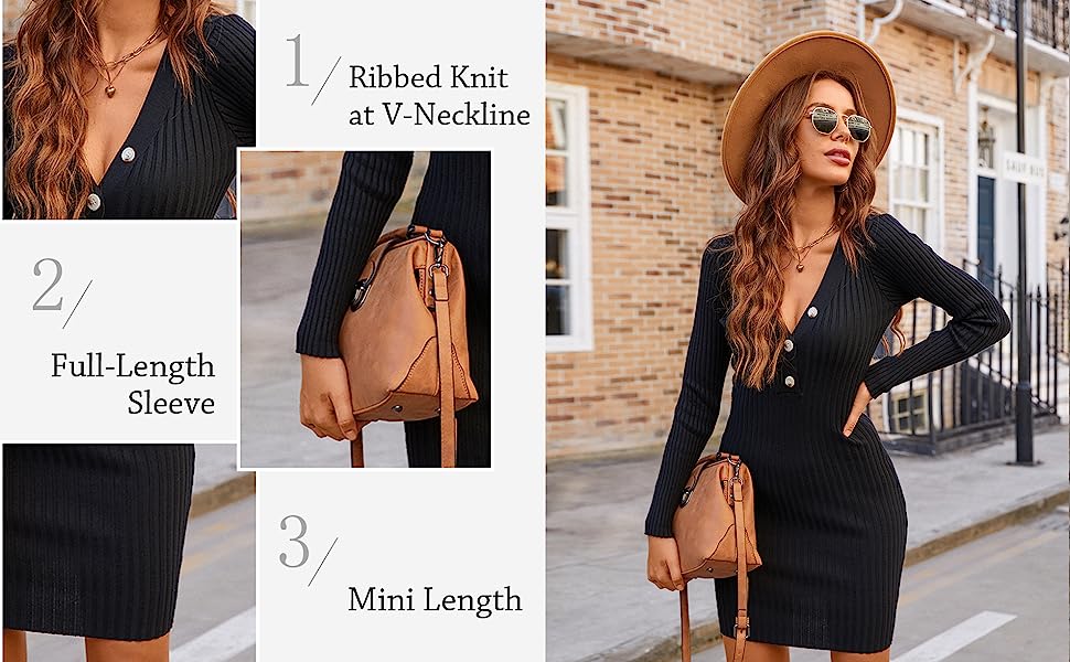 Long Sleeve Sweater Dress Sexy V Neck Bodycon Mini Fall Dresses