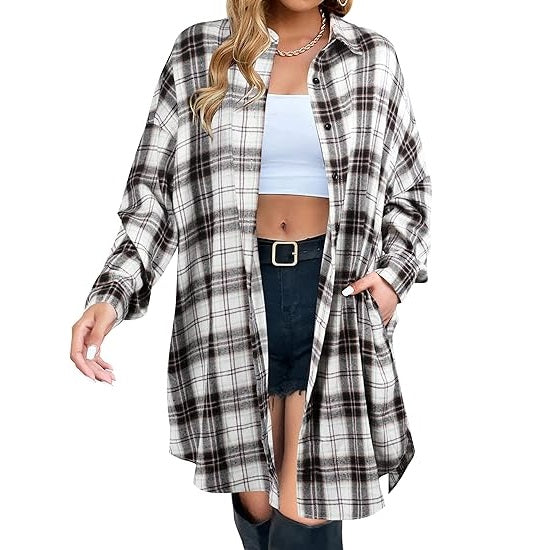 Flannel Shirts Plaid Coats Long Sleeve Collared Shacket