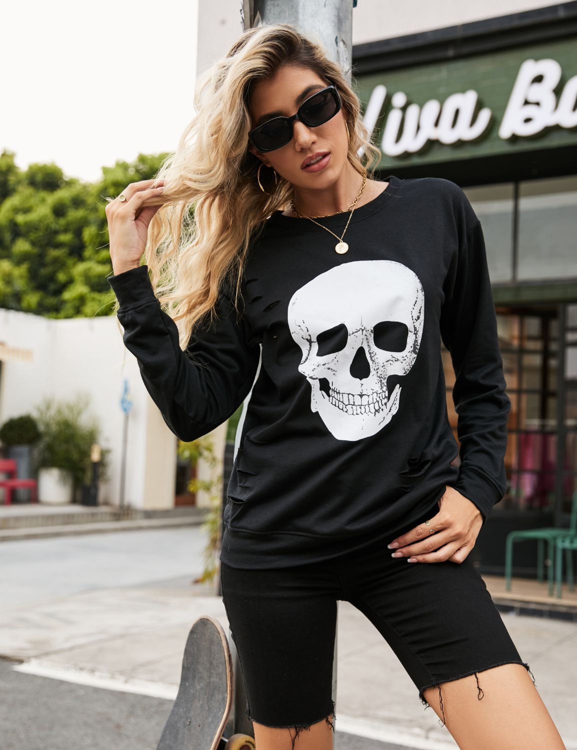 Skull Print Distressed Sweatshirt