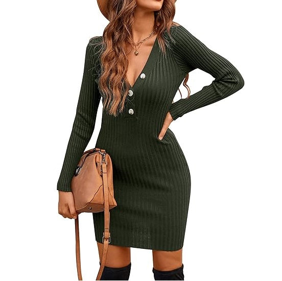 Long Sleeve Sweater Dress Sexy V Neck Bodycon Mini Fall Dresses