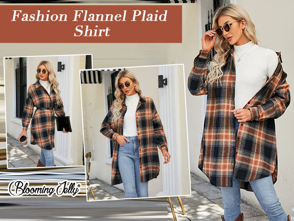 Flannel Shirts Plaid Coats Long Sleeve Collared Shacket