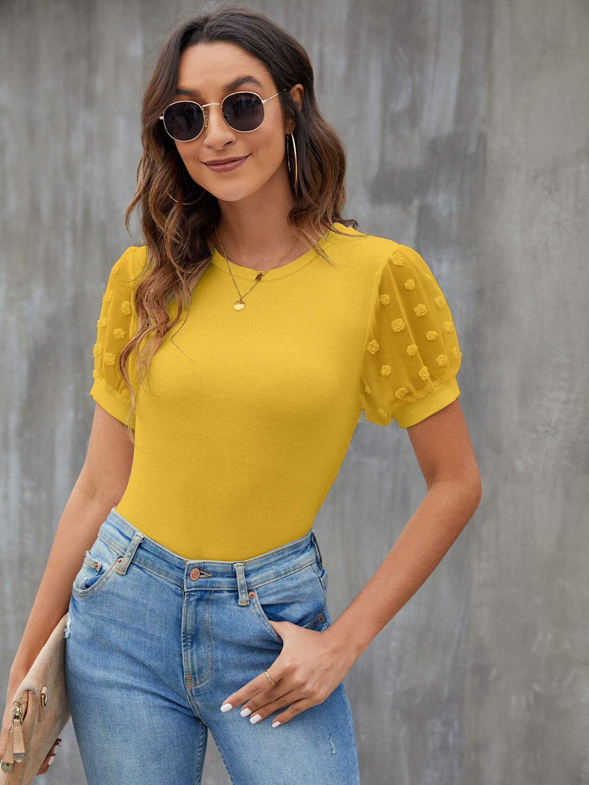 Sheer Sleeve Dotted Swiss Slim Fit Blouse
