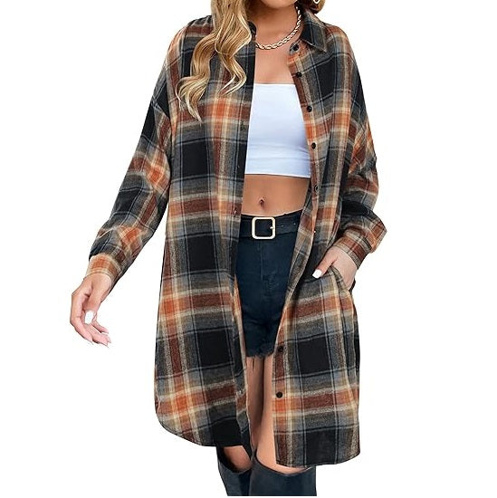 Flannel Shirts Plaid Coats Long Sleeve Collared Shacket