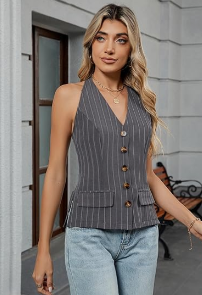 Halter Tops V Neck Button Down Sleeveless