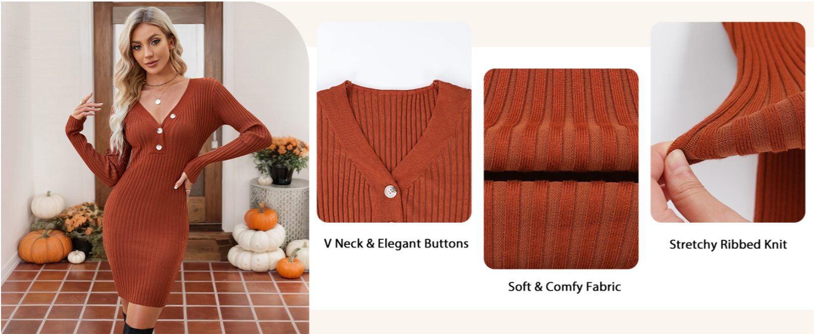 Long Sleeve Sweater Dress Sexy V Neck Bodycon Mini Fall Dresses