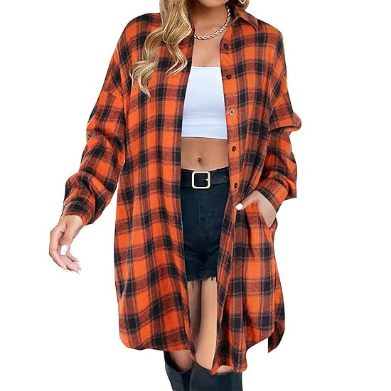 Flannel Shirts Plaid Coats Long Sleeve Collared Shacket