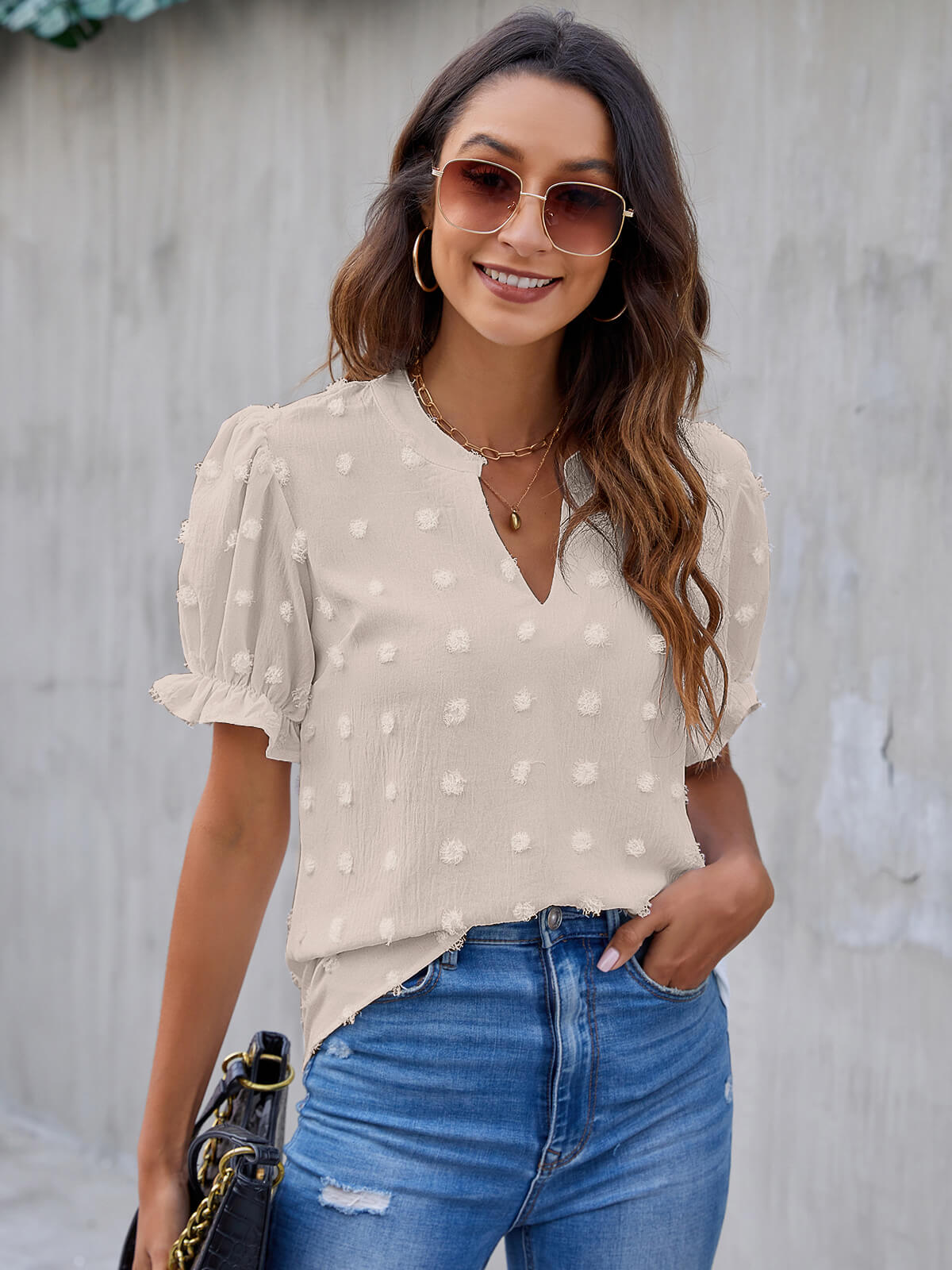 Cute Short Puff Sleeve Chiffon Blouse