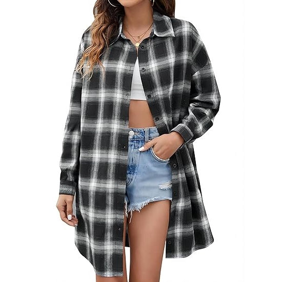 Flannel Shirts Plaid Coats Long Sleeve Collared Shacket