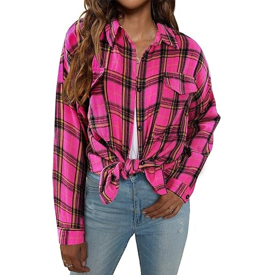 Flannel Shirts Plaid Shacket Long Sleeve Collared