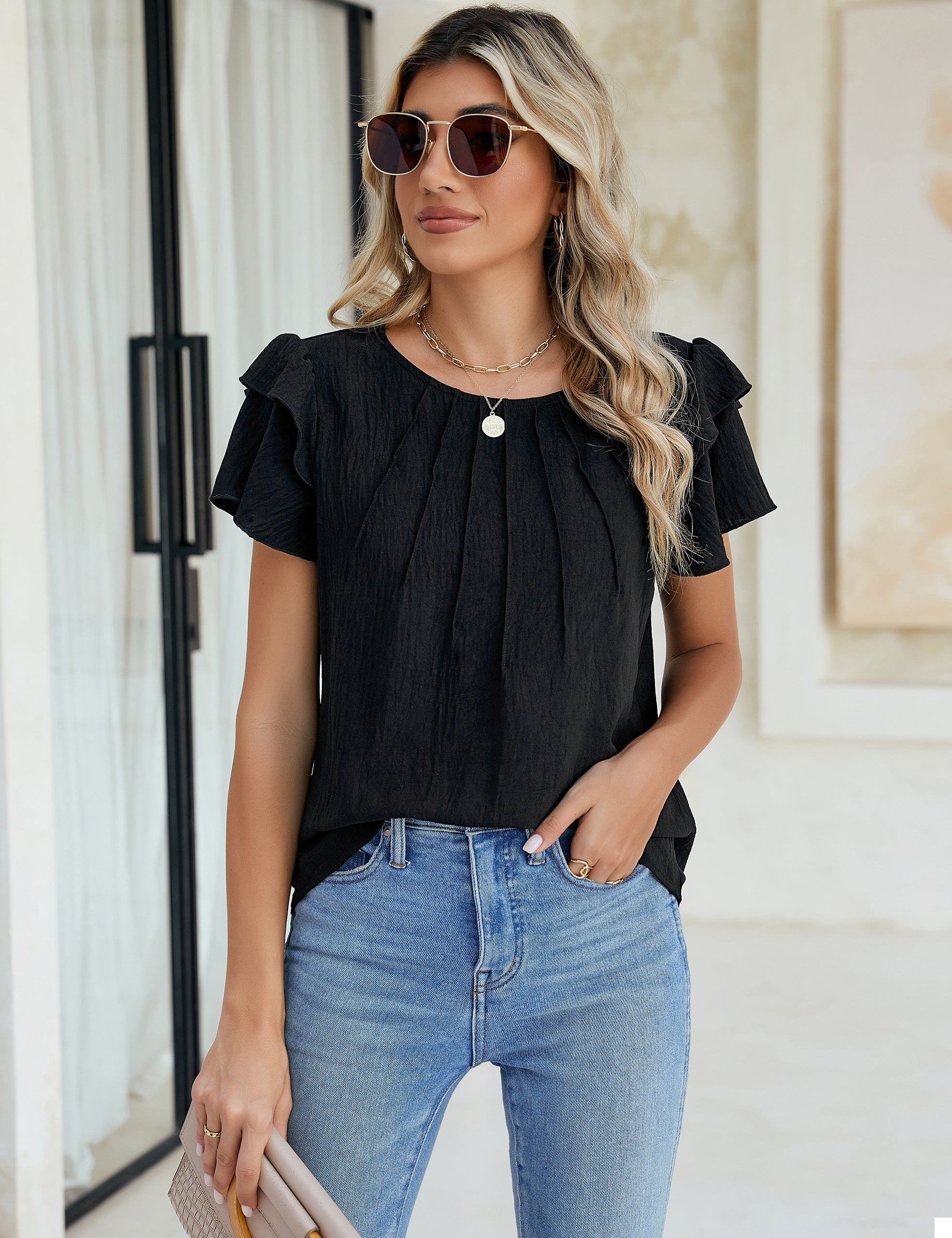 Dressy Casual Tops Business Work Blouses Summer Shirts Short Sleeve Crew Neck