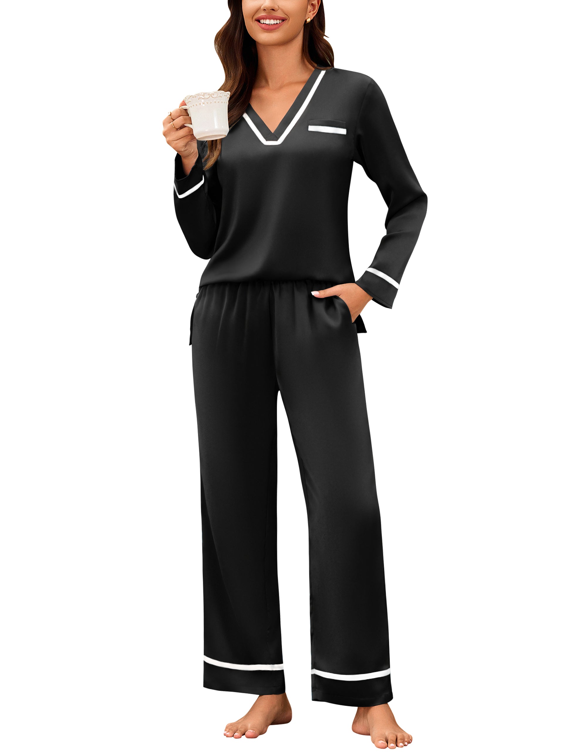 Pajama Sets Satin Cute Silk Fall Sleepwear with Pockets
