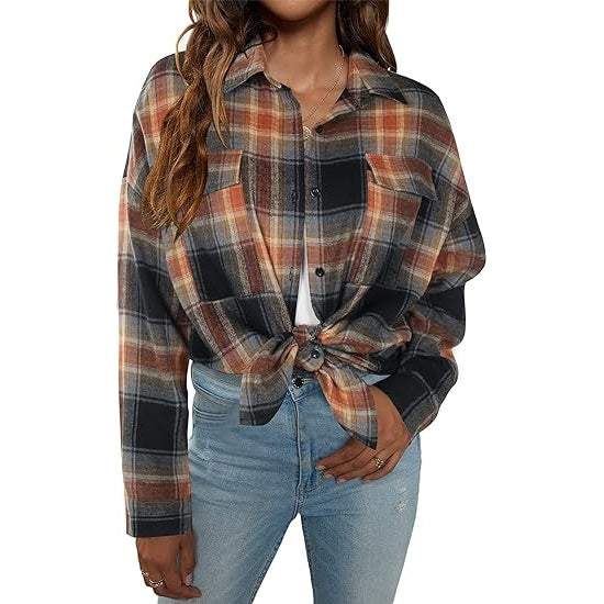Flannel Shirts Plaid Shacket Long Sleeve Collared