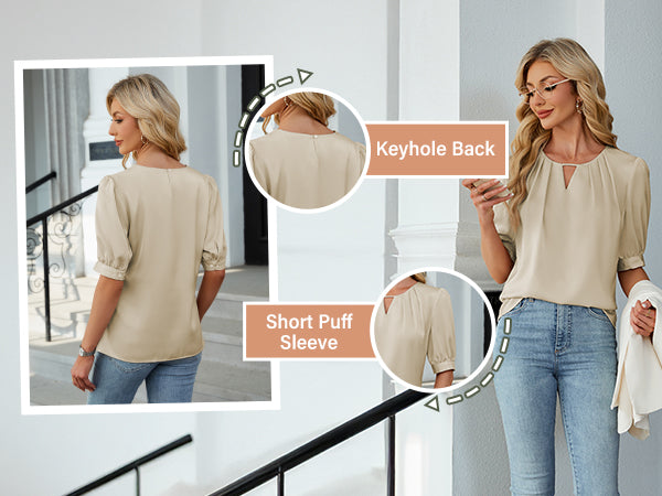 Silk Puff Sleeve Tops V Neck Pleated Dressy Business Casual Blouses