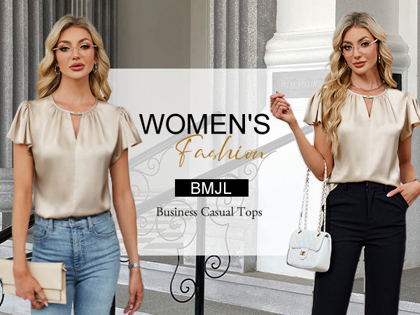 Business Casual Short Sleeve Silk Keyhole Outfits
