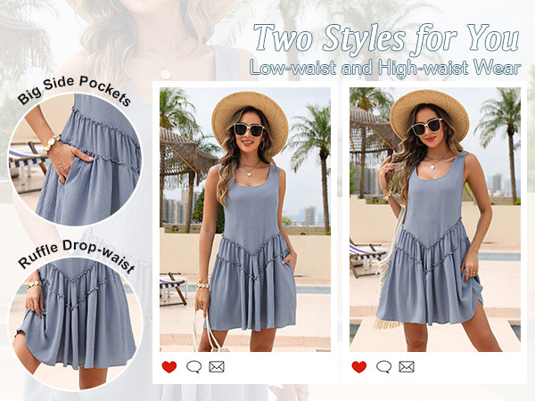 Cute Drop-waist Swimsuit Coverup Ruffle Sleeveless Mini Tank Dress