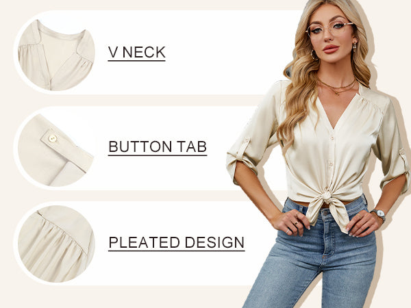 Button Down Shirts 3/4 Sleeve Dressy Casual Tops Pleated Satin Silk