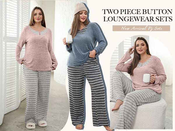 Plus Size Pajama Sets Button Down Lounge Sets V Neck