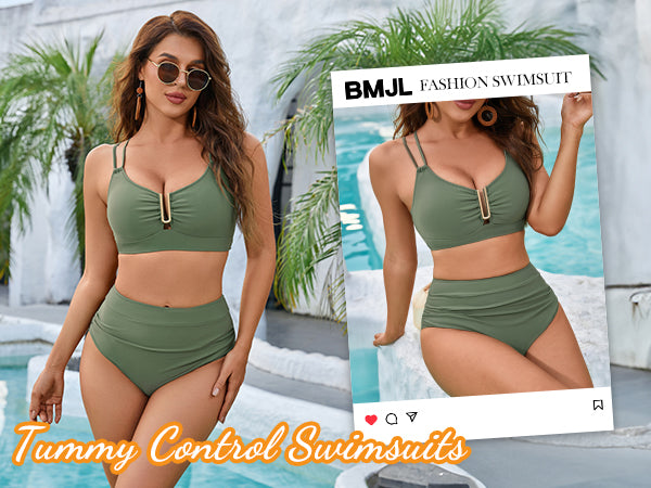 BMJL High Waisted Cutout Crisscross Modest Tummy Control Bikini Sets