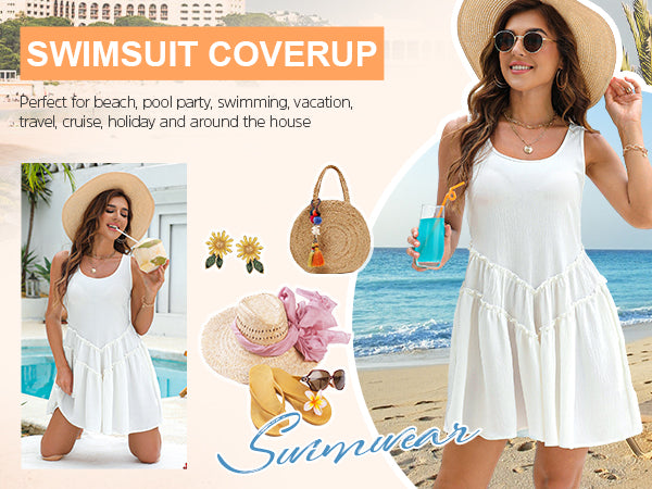Cute Drop-waist Swimsuit Coverup Ruffle Sleeveless Mini Tank Dress
