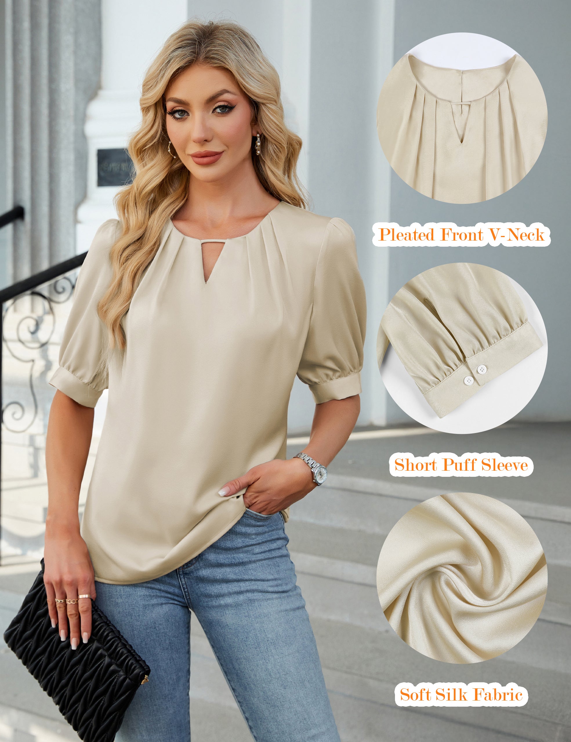 Silk Puff Sleeve Tops V Neck Pleated Dressy Business Casual Blouses